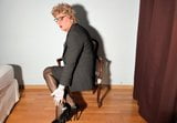 elegant woman in gray suit, and dark black vintage stockings snapshot 4