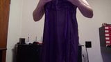 Fake Boobs - posing in long purple dress, shaved body snapshot 7