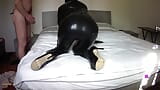 Laura on Heels sexy milf 2023 bound on latex catsuit and condom on her holes, throated and fucked snapshot 1