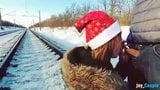 Girl in fur coat give blowjob on railway snapshot 14