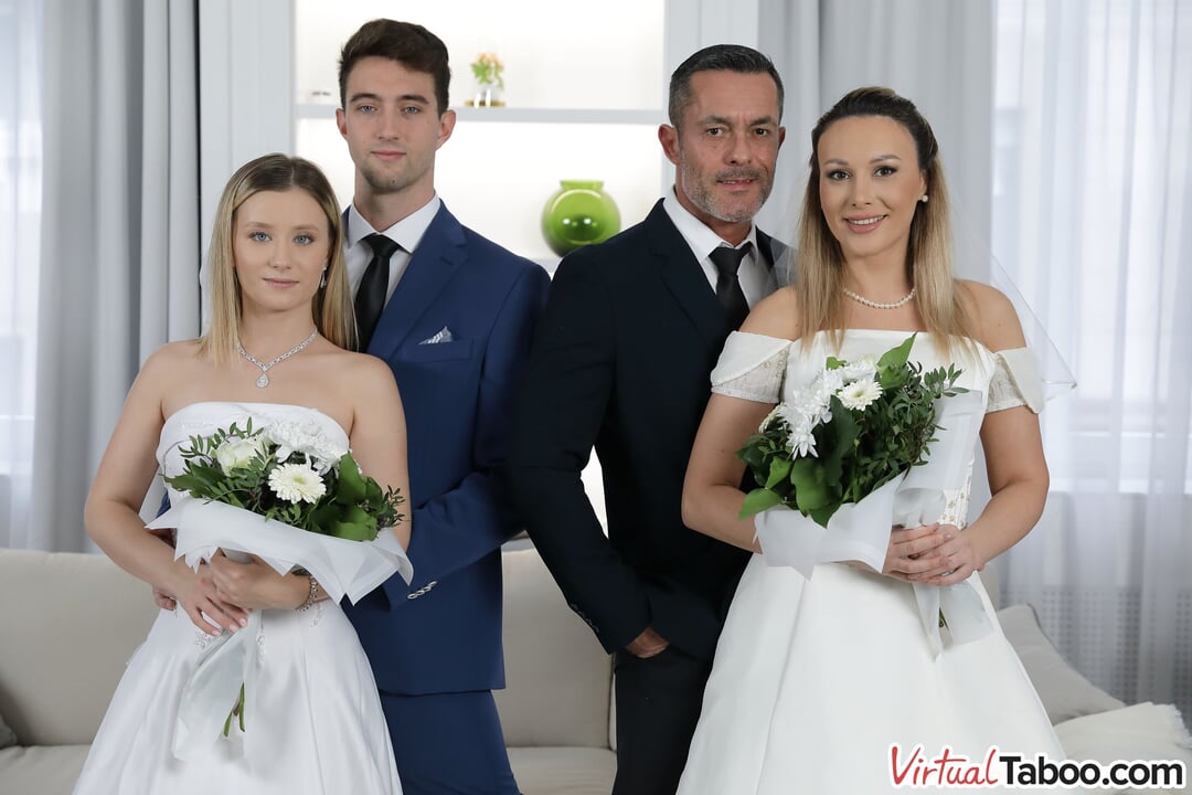 Two hot brides get creampies during group sex