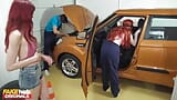 FAKEhub Originals - Redhead girls get down and dirty at the garage with young mechanic snapshot 5