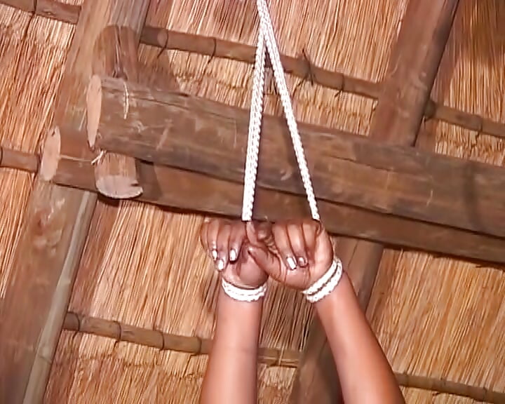 Mature ebony German bitch tied up and fucked by dildo