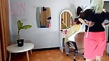 Nudist barbershop. Nude lady hairdresser in an apron. Web camera. The client is surprised. cam 11 snapshot 8