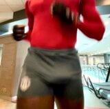 Running commando at the gym in a sexy spandex short snapshot 5