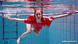 Cute babe in red sexy open dress swimming snapshot 8