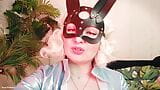 Strap-on JOI in rabbit mask and PVC coat - sexy blonde MILF dirty talk role play (Arya Grander) snapshot 2