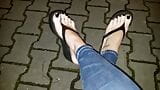 sexy crossdresser shows off her amazing feet in platform flip flops on a night walk snapshot 13