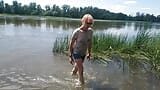 Alexa Cosmic transgirl swimming in clothes in river in jeans shirts and white t-shirt. Alexa Cosmic Wetlook Lover. snapshot 7