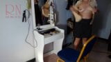 Camera in nude barbershop. Hairdresser makes lady undress to cut her hair. Barber, nudism. CAM 1 snapshot 3