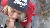 Une blonde excitée baise un mec baisée par un voyeur dans un parking snapshot 7