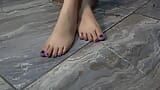 Feticismo del piede, mostrando piedi, suole del piede e unghie. camminare nuda e a piedi nudi. Coniglietta di bug, unghie blu snapshot 1