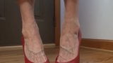 Mature Lady squeaky red pumps & sexy veiny foot tease snapshot 1