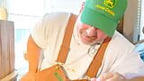 Bib overalls on farmer grandpa with wide feet has hands-free across the room snapshot 1