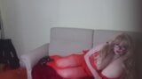 lying on bed in red lingerie rubbing pussy snapshot 2