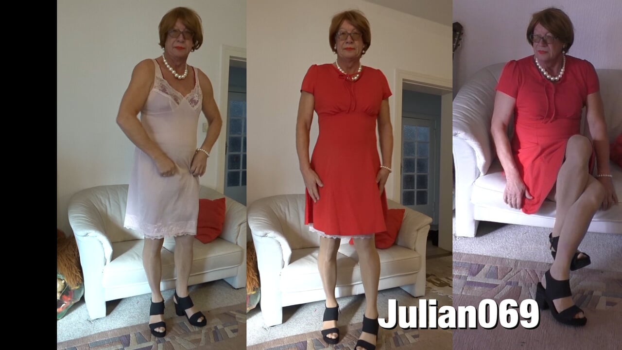 Julian069 连裤袜,露点,红色连衣裙