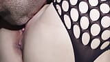 I'm wearing my fishnet stockings and he can't resist he has to lick my shaved pussy until I cum...I get too wet snapshot 4