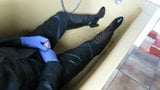 Piss and cum on black leather pants and gloves snapshot 3