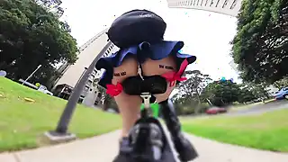 Exhibitionist Walking and Riding with Butt Plug, Red Garters and Dildo   Big Ass, Lingerie, Outdoor, Sex Toy, Anal Trans HD Porn | xHamster