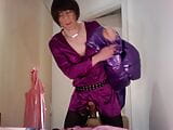 jess silk riding dildo in purple satin dress and shiny purple jacket wth short wig snapshot 14