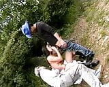Italian brunette gets fucked by two men in the woods snapshot 4