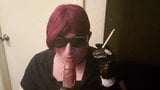 Sissy smoking and practicing sucking cock in leather gloves snapshot 2