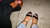 Black pervert cumming on sexy feet in black sandal in public snapshot 6