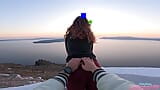 POV cute tourist girl is getting fingered hard and sucking dick in Public place with sunset view snapshot 1