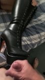 Cumshot over wife's  leather boots snapshot 2