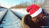 Girl in fur coat give blowjob on railway snapshot 15