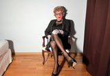 elegant woman in gray suit, and dark black vintage stockings snapshot 7