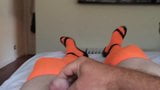 Neon Orange Stockings Strappy 5 inch Heels  with Cum snapshot 1