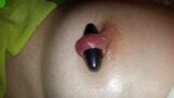 Nipple ring lover milf - magic magnetic nipple play with 17mm magnet in extreme stretched pierced nipple snapshot 3