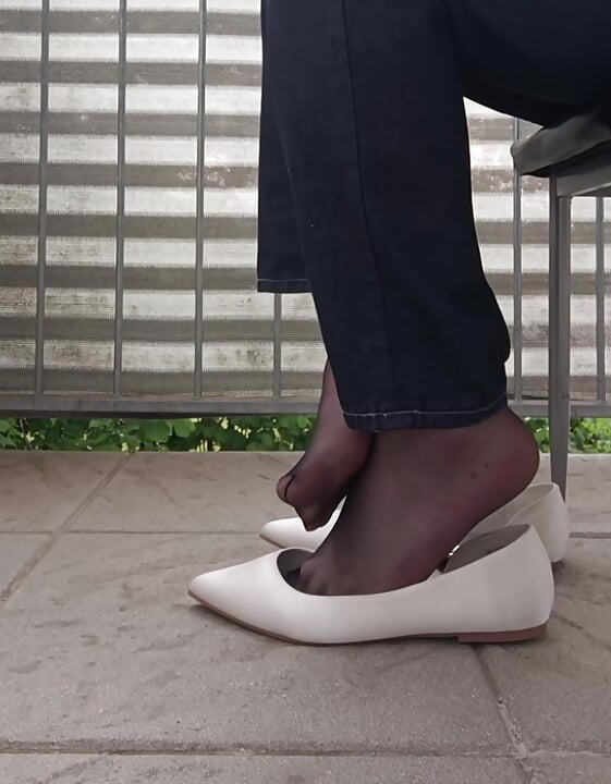 Shoeplay White Flats and black Nylon Feet