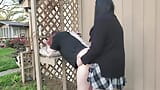 Trans girl in tight black overalls gets her ass pounded in the backyard. snapshot 12