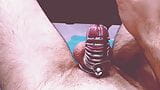 Sissy cums through his chastity cage, big cumshot via a vibrator snapshot 8