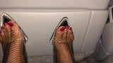 In the car Feet with red Toenails in Fishnets & clear Heels snapshot 4