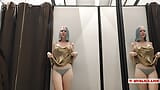 Trying on mini dresses and sexy clothes in a shopping center. Look at me in the fitting room and jerk off to my tits. I like it. snapshot 5