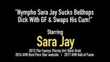 Nympho Sara Jay Sucks Bellhops Dick With GF & Swaps His Cum! snapshot 1