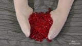 Nylon Foot Play With Red Plastic Hearts On Valentine's Day snapshot 8