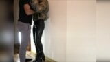 Hot passionate standing fuck in clothes, fur coat, leather legging, leather high heels snapshot 4