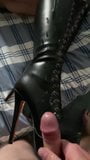 Cumshot over wife's  leather boots snapshot 4