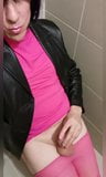 Crossdresser playing with cock in pink tights snapshot 16