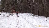 Raven Haired European Pees In The Snow snapshot 2