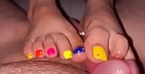 Tickling teasing colourful neon toes rubbing on a big head snapshot 7