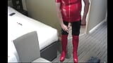 Maninboots wearing red and blcak pvc cumming into a glass whislt edging! snapshot 4