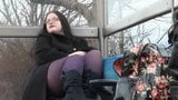 Chubby girl flash and public play at a bus stop snapshot 3