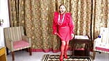 Busty hot granny MariaOld - lady in red, teasing in red stockings and high heels shoes snapshot 3