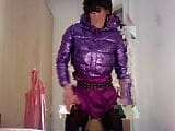 jess silk riding dildo in purple satin dress and shiny purple jacket wth short wig snapshot 1