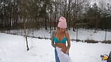 Blonde chick warms up his dick on the snow and takes him home for lovely sex snapshot 3